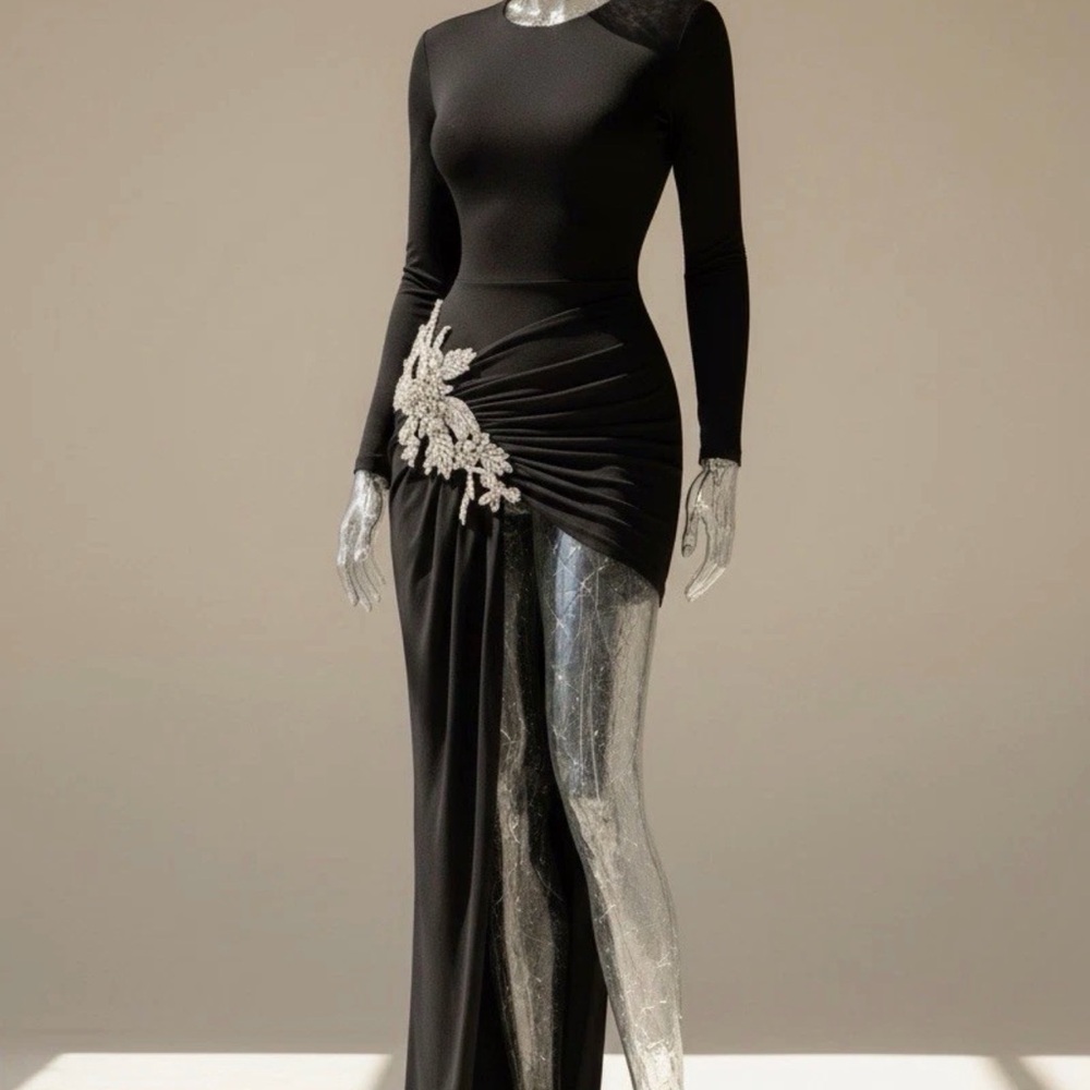 Black Long-Sleeve Maxi Dress with Embellished Side Detail